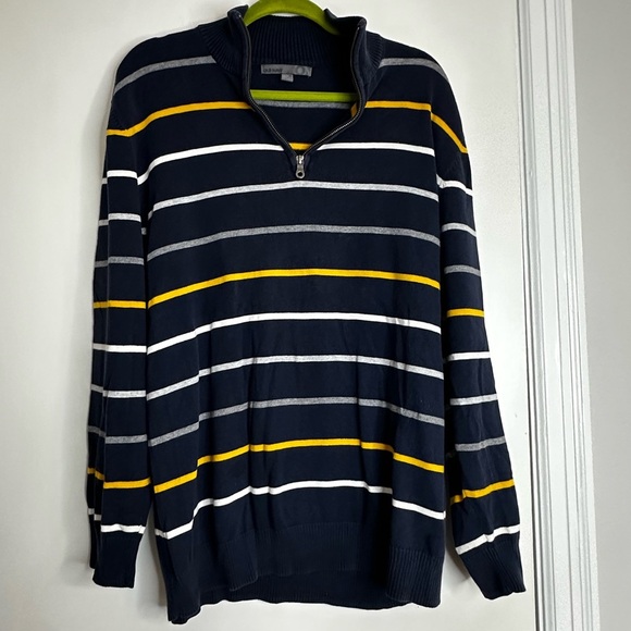 Old Navy Sweater Men Blue Yellow White Grey horiz., Striped 1/4 Zip Pullover XL - Picture 1 of 11